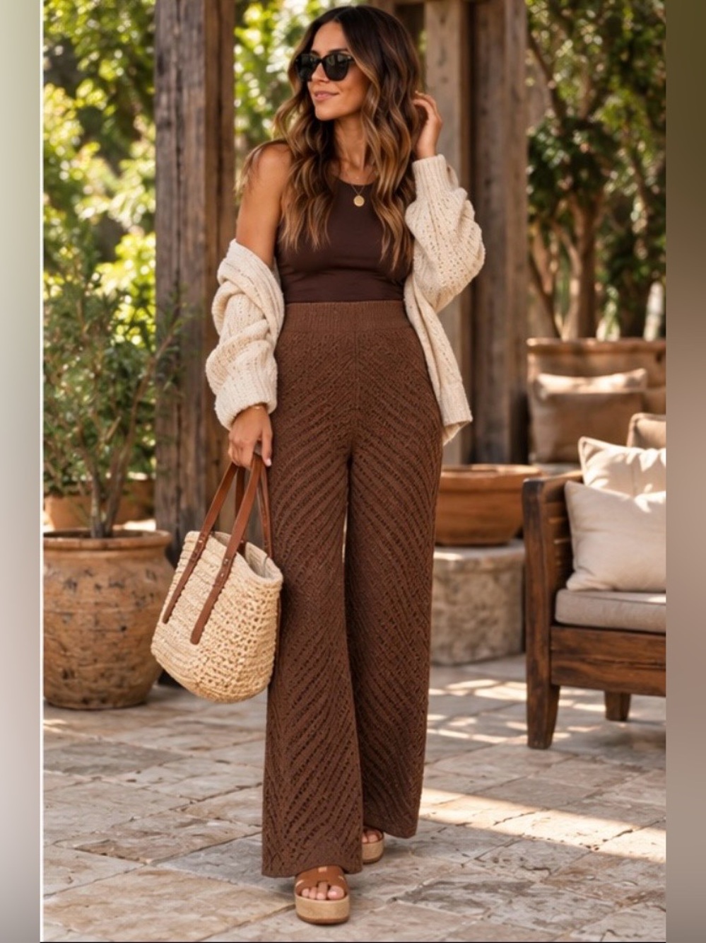 Mango Brown High-Waist Knit Wide-Leg Pants